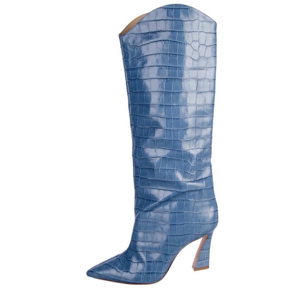 SCHUTZ Sky Blue Croc-Patterned Heeled Boots